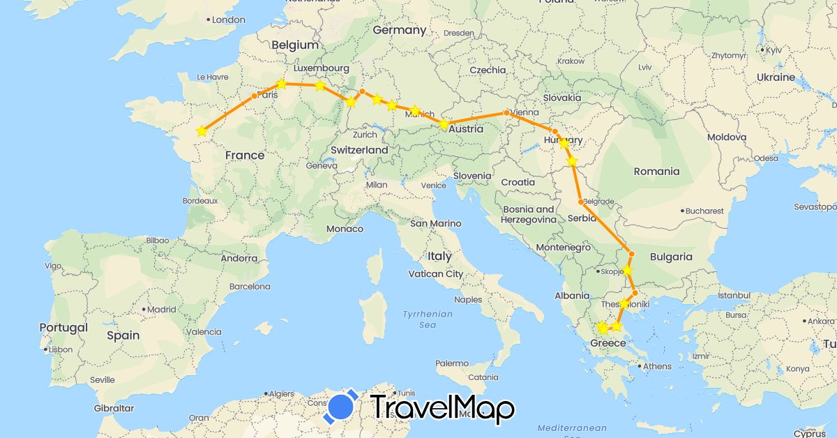 TravelMap itinerary: hiking, hitchhiking in Austria, Bulgaria, Germany, France, Greece, Hungary, Serbia (Europe)