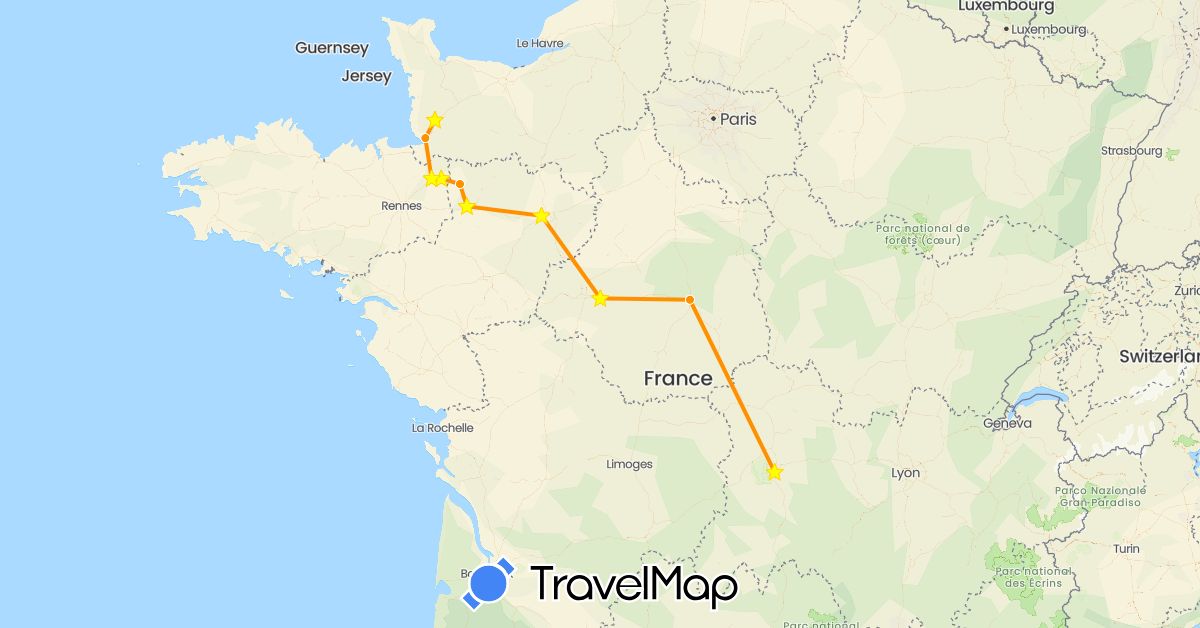 TravelMap itinerary: driving, hitchhiking in France (Europe)